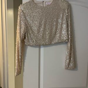 Pink Lily Sparkling Sequin Beige Crop Top